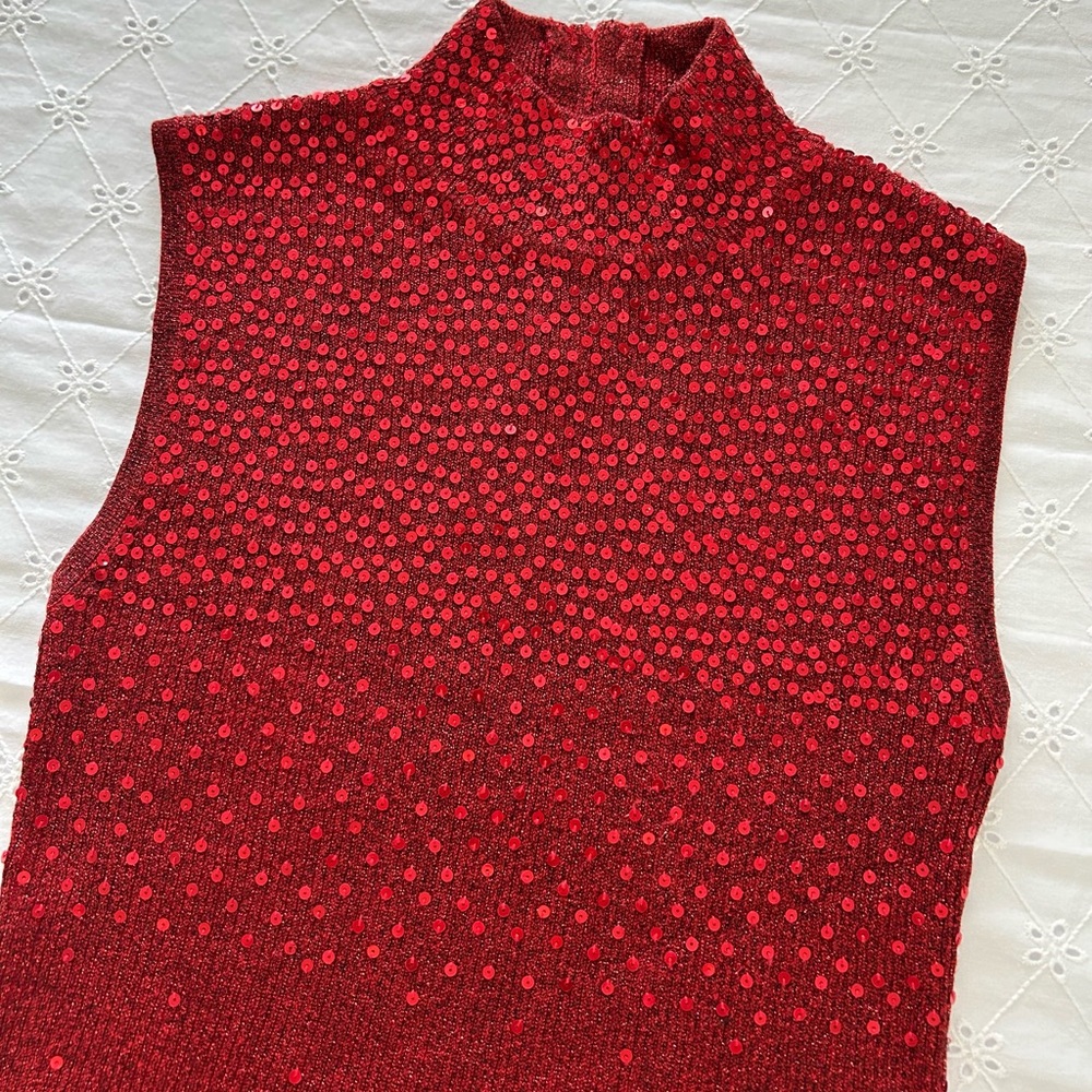 Vintage 90s Dressbarn Red Sequin Turtleneck Tank Top Metallic Y2K Holiday Party